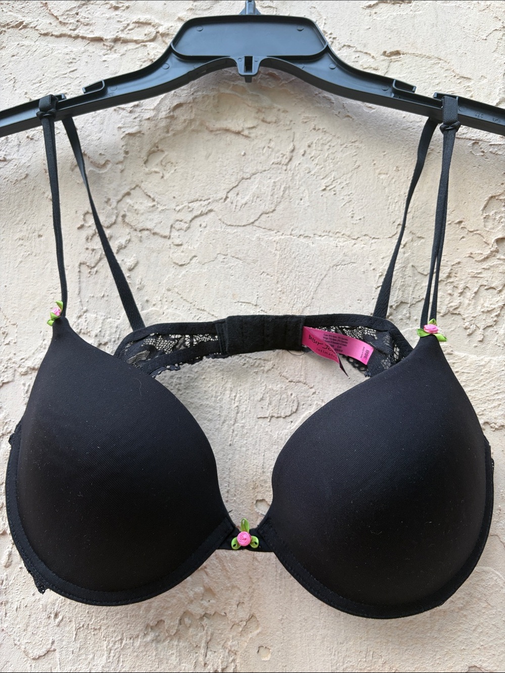 Betsey Johnson Black Padded Bra with Tiny Pink & Green Rose Accents